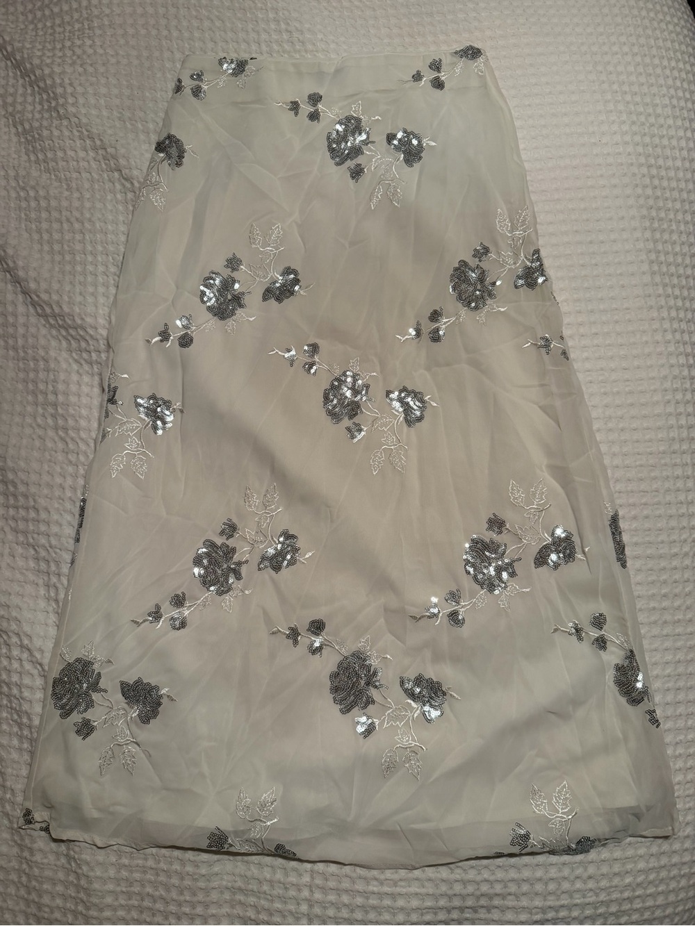 SHEIN White Maxi Skirt with Silver Sequin Floral Embroidery